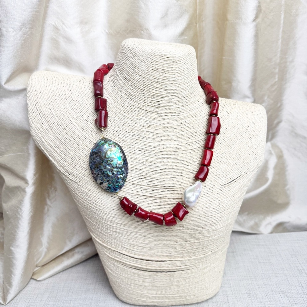 Handmade Coral Abalone Pearl Beaded Statement Necklace - Picture 3 of 8